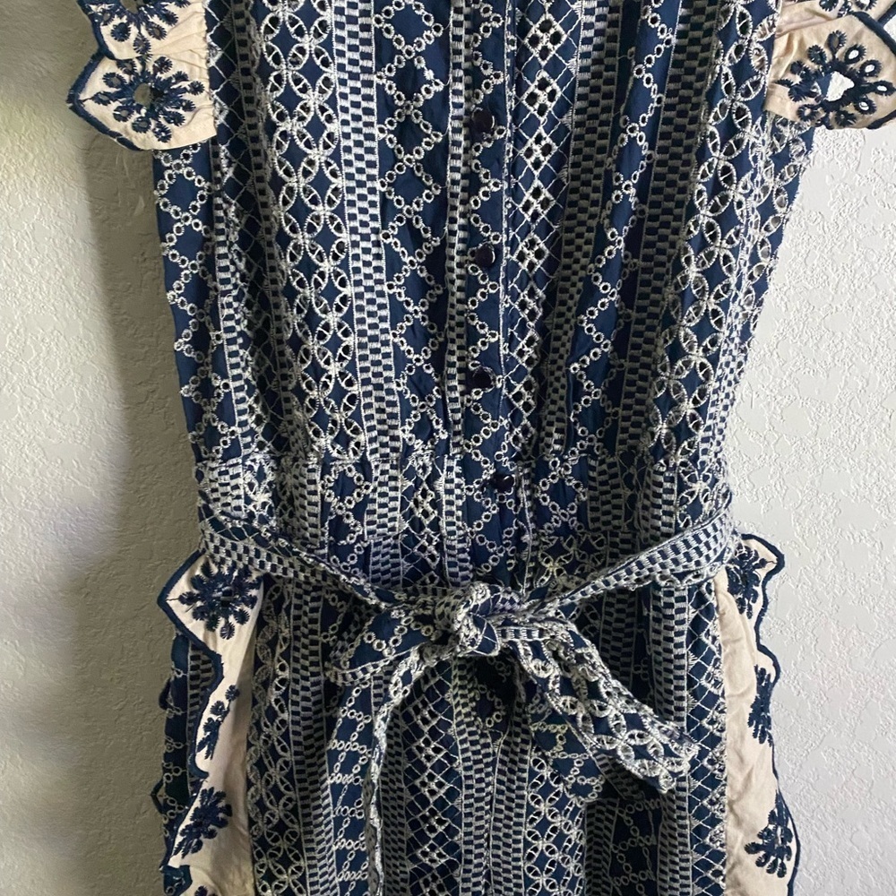 Chloe Laetitia Ruffle Detail Embroidered Eyelet Blue Cream Belted Jumpsuit Sz S - Picture 8 of 16